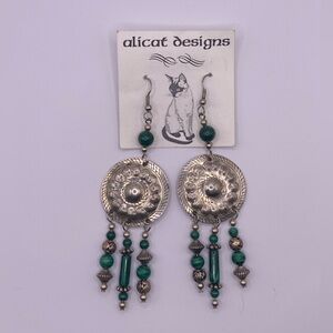 NWT Hand-Made Silver and Green Dangle Earrings